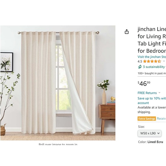 Linen Beige Curtains Panels Drapes, Each 50"W x 90"L, Light Filtering, 2 Panels - Picture 2 of 11